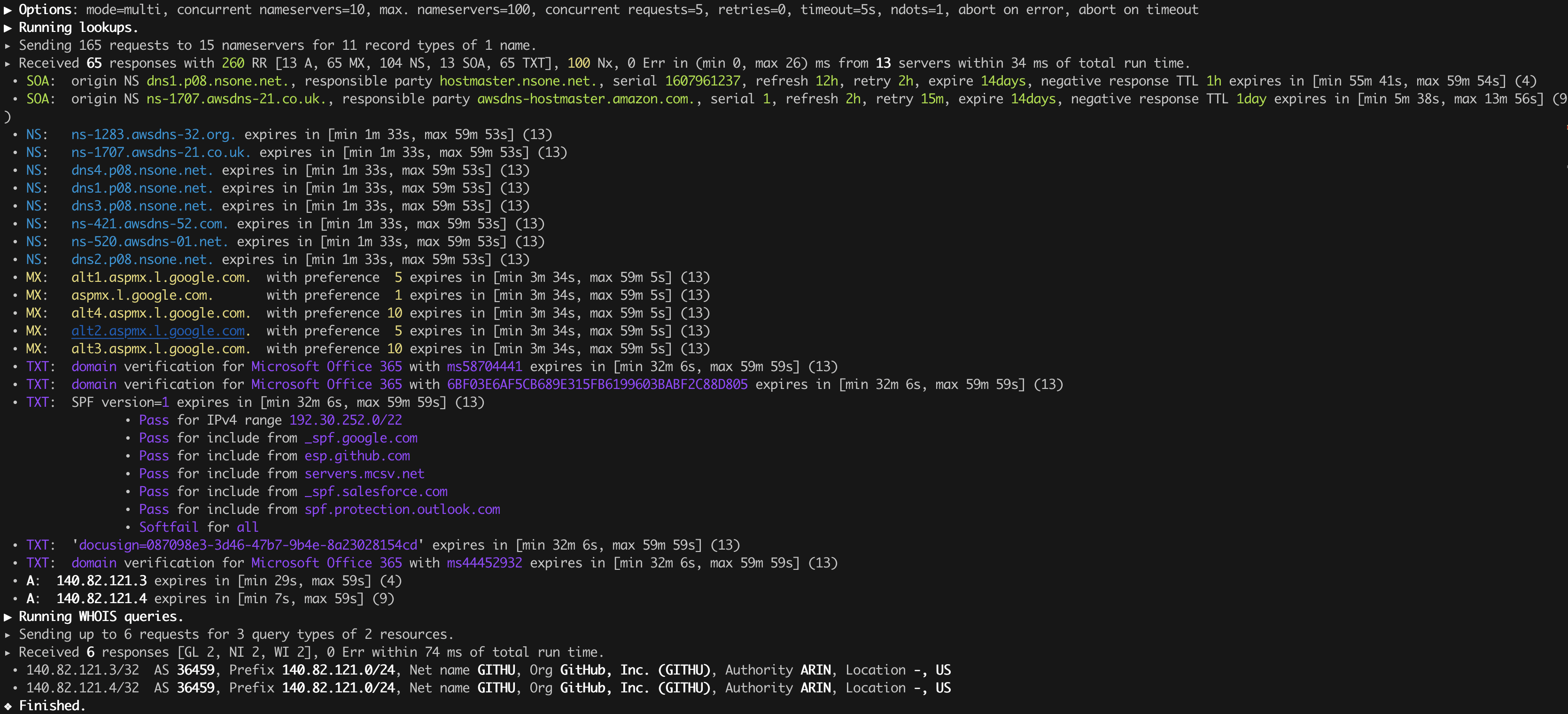 Multi lookup for all available records of github.com.